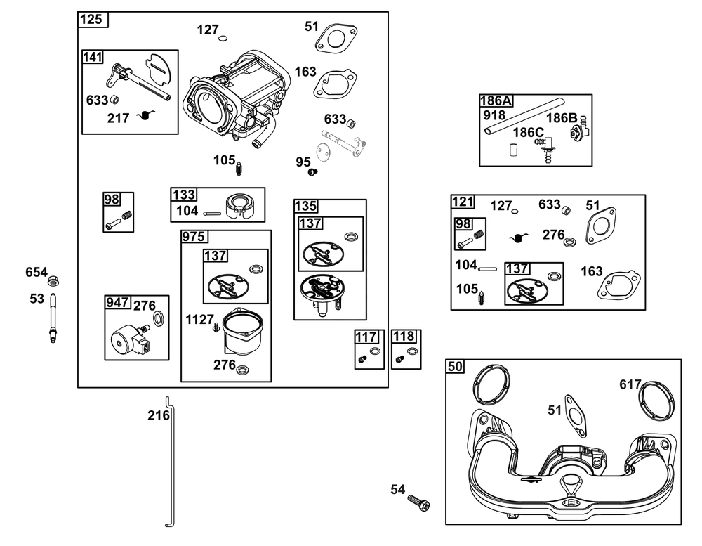 Carburetor Group Diagram and Parts List for 44U877-0046-G1  Briggs and Stratton Engine